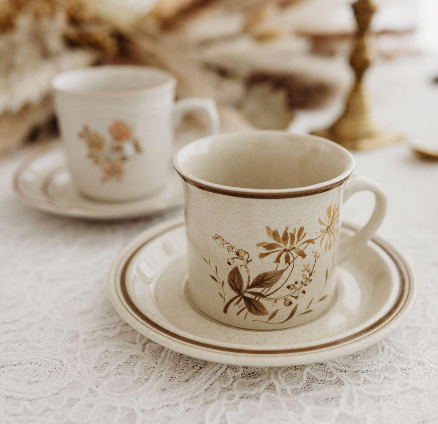 '70s stoneware mug & saucer sets, two varieties. Cordella, 37 available: $74; Royal Doulton, 15 available: $45